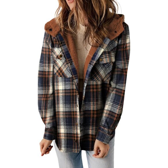 Womens Plaid Shacket Jacket Long Sleeve Button Down Fleece Hooded Jackets Warm C - Picture 1 of 8